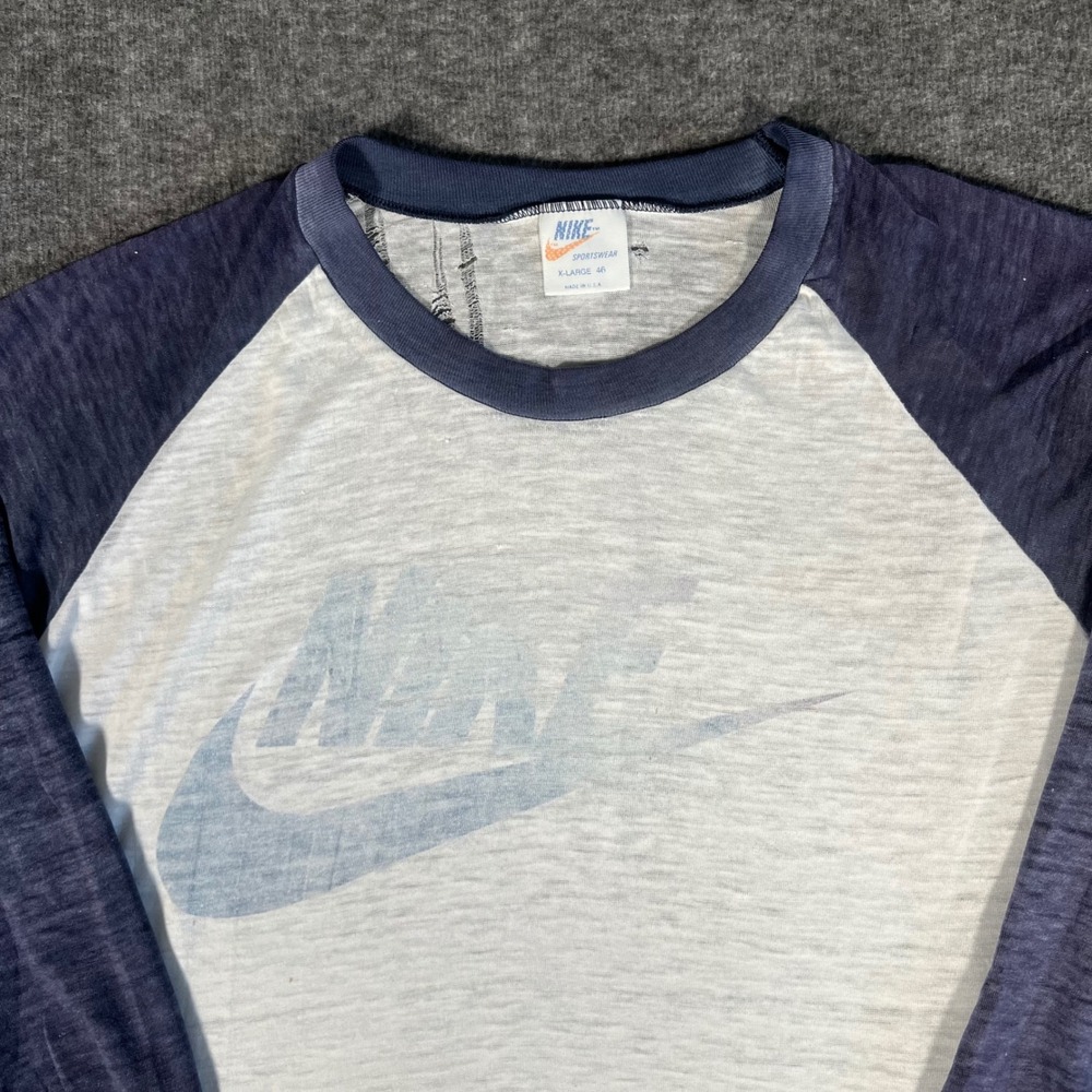Vintage 70s Nike Raglan Graphic Logo Made in USA XL White Distressed Paper Thin